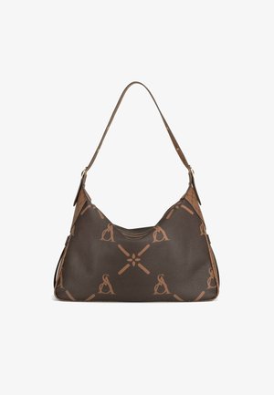 Borsa a tracolla in pelle marrone con motivi astratti e floreali di colore marrone chiaro, tracolla singola regolabile e forma morbida e strutturata.