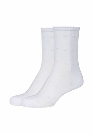 Calzini bianchi a metà polpaccio con motivi sottili a forma di cuore e bordo smerlato nella parte superiore, mostrati in una coppia vista laterale.