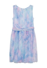 Leichtes ärmelloses Kleid in Pastellblau und -rosa mit einem gefältelten Rock und einem gebundenen Gürtel in der Taille, mit einem Reißverschluss hinten.