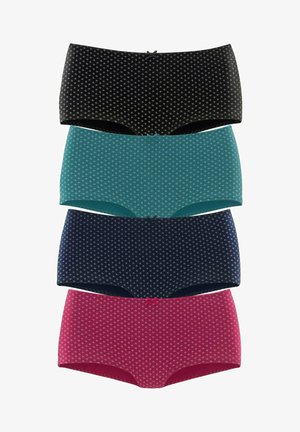 Vier paar vrouwelijke boxeronderbroeken: zwart, teal, marineblauw en roze. Elk heeft een stippenpatroon en een klein strikje op de tailleband.