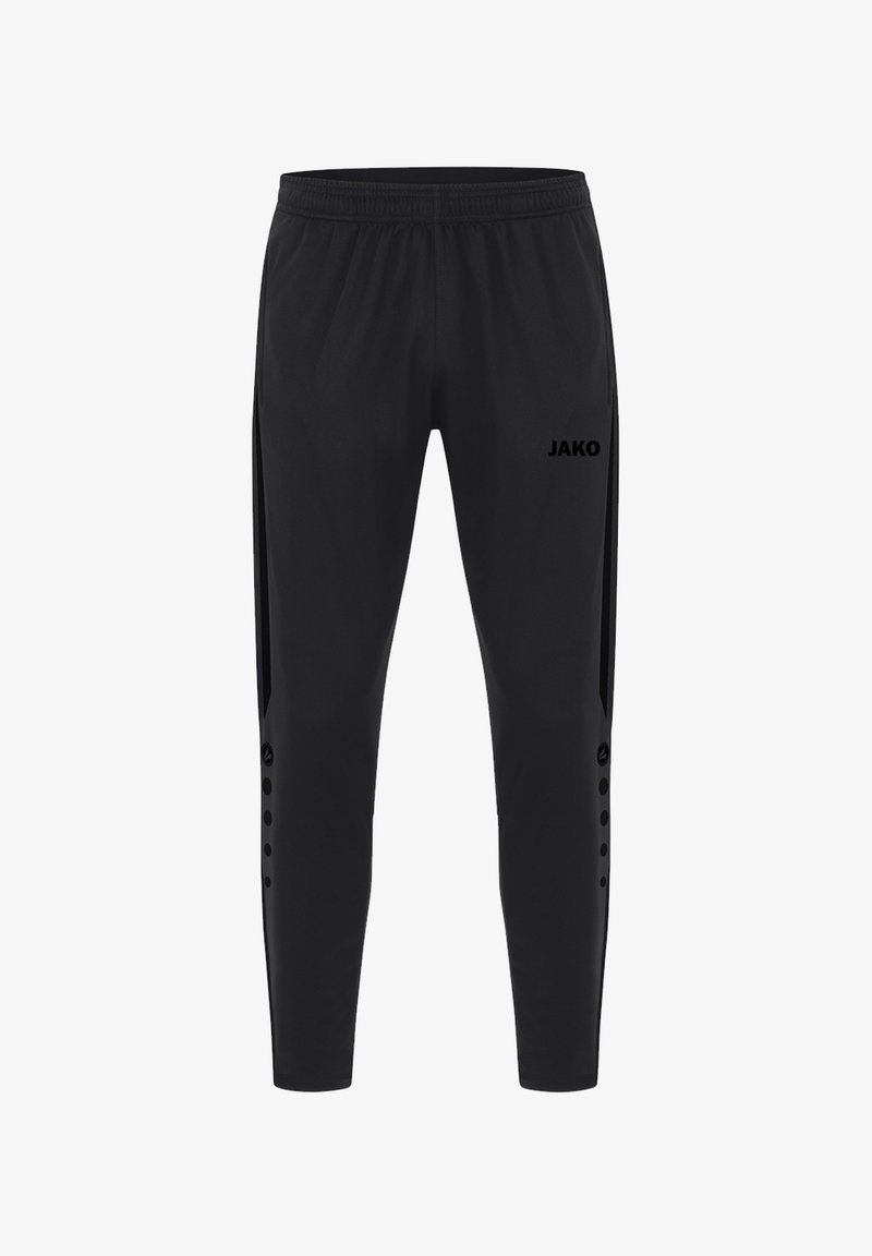 Schwarze Sporthosen mit schmaler Passform, ausgestattet mit einem JAKO-Logo, seitlichen Akzenten und Druckknopf-Details an den unteren Seiten.