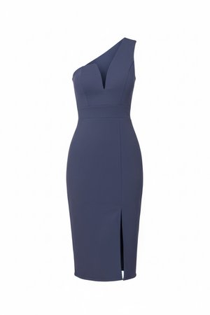 Marineblaues, figurbetontes Midikleid mit einem schulterfreien Design, tiefem V-Ausschnitt und vorderem Schlitz.