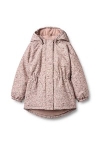 Floral-patterned jacket in soft pink tones, insulated material, hood, elastic cuffs, and drawstring waist, featuring a cozy lining.