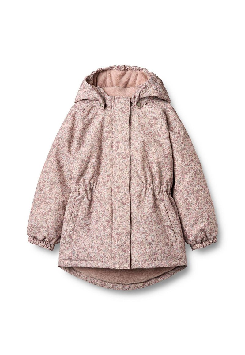 Floral-patterned jacket in soft pink tones, insulated material, hood, elastic cuffs, and drawstring waist, featuring a cozy lining.
