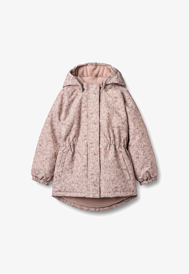 Floral-patterned jacket in soft pink tones, insulated material, hood, elastic cuffs, and drawstring waist, featuring a cozy lining.