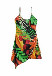 Vestido sin mangas multicolor con un vibrante estampado tropical. Presenta hojas verdes, rosas rojas y un dobladillo asimétrico. Tela ligera.