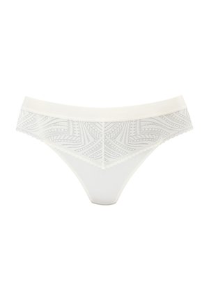 White thong underwear featuring a lace waistband with a geometric pattern, soft fabric, and a scalloped edge along the bottom hem.