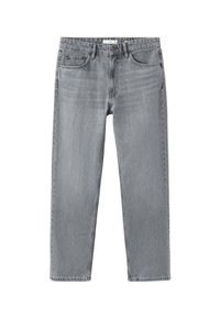 Vaqueros de mezclilla gris con diseño de pierna recta, cinco bolsillos y una textura sutil. Cuenta con cremallera y cierre de botón.