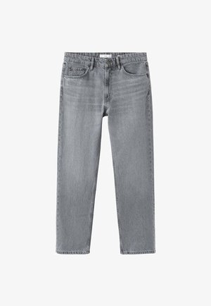 Szare dżinsy z denimu o prostych nogawkach, pięcioma kieszeniami i subtelną fakturą. Wyposażone w zamek błyskawiczny i zapięcie na guzik.