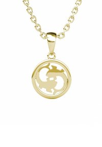 Goldene Anhängerhalskette mit einem runden, ausgeschliffenen Design mit abstrakten Formen, aufgehängt an einer passenden goldenen Kette.