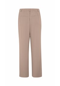 Beige broek met een elastische tailleband, rechte pijpen, twee achterzakken en een gladde stoftextuur.