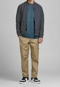 Grå bomberjacka över en teal skjorta, kombinerad med khakifärgade cargo byxor. Svarta och vita sneakers kompletterar outfiten. Avslappnad design med fickor.