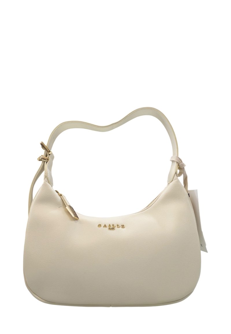 Borsa a spalla in pelle color crema con una superficie liscia, hardware dorato e chiusura con zip. Dotata di una sola tracolla regolabile.