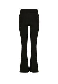 Pantalons noirs évasés avec une taille élastique, confectionnés dans un tissu lisse et extensible. Présente une jambe ajustée qui s'évasent en bas.