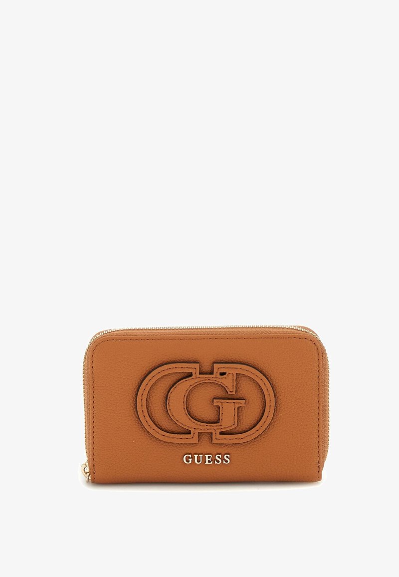 Brown leather wallet featuring embossed logo, zip closure, and smooth texture. Compact rectangular shape with gold hardware accents.