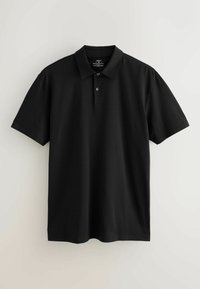 Polo noir à manches courtes avec col et patte de boutonnage à deux boutons, présenté sur un fond clair uni.