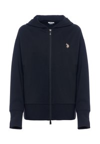 Felpa con zip di colore navy realizzata in morbido fleece, con un grande cappuccio, polsini a costine e un piccolo logo in evidenza sul petto.