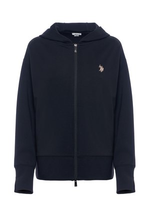 Felpa con zip di colore navy realizzata in morbido fleece, con un grande cappuccio, polsini a costine e un piccolo logo in evidenza sul petto.