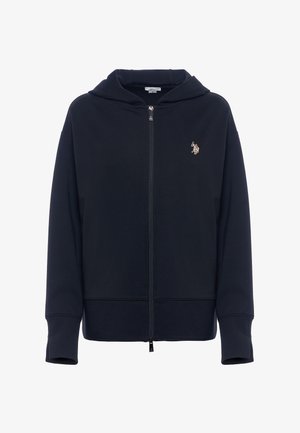 Felpa con zip di colore navy realizzata in morbido fleece, con un grande cappuccio, polsini a costine e un piccolo logo in evidenza sul petto.