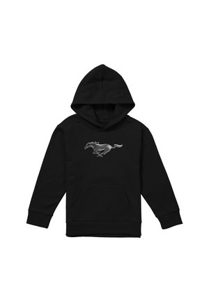 Schwarzer Kapuzenpullover mit vorderer Bauchtasche und silbernem laufendem Pferde-Logo mittig auf der Brust.