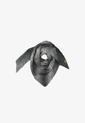 Grau wollene Schal, dreieckige Form mit strukturiertem Finish, fransigen Kanten und einem kleinen Logo-Tag auf einer Seite.