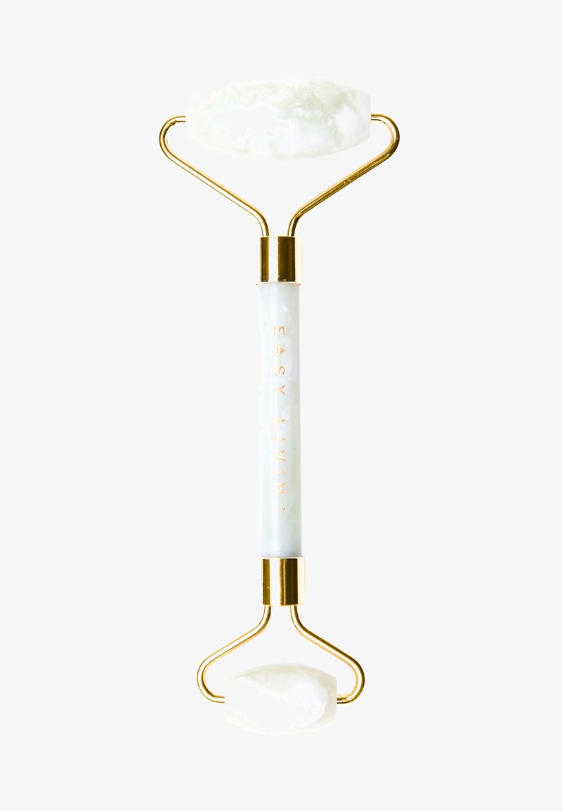 Jade roller with dual stone ends, white and light green hue, gold metal hardware, and a white handle featuring the text "EASY LIVIN."