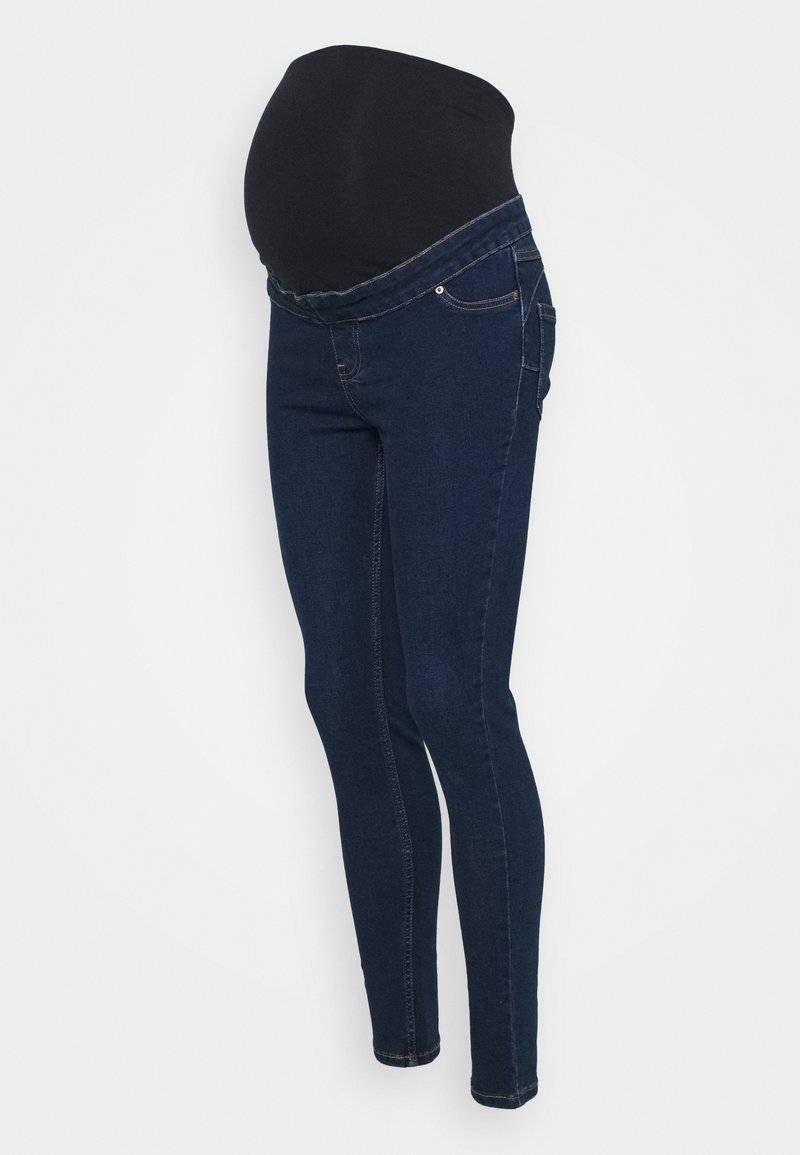Jean de maternité bleu foncé avec une ceinture noire extensible couvrant le ventre, présenté sur fond blanc.