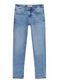 Jean slim bleu clair avec cinq poches, fermeture par bouton et détails délavés à l’avant et sur les cuisses.