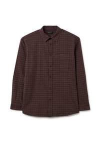 Camicia a maniche lunghe a scacchi in un marrone scuro con un motivo a griglia grigio chiaro, chiusura con bottoni, colletto e una tasca sul petto. Tessuto morbido.