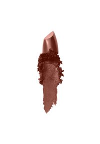 Rouge à lèvres crémeux dans une teinte brun rougeâtre chaud, avec une pointe effilée et une texture lisse, partiellement étalé pour révéler une pigmentation riche.