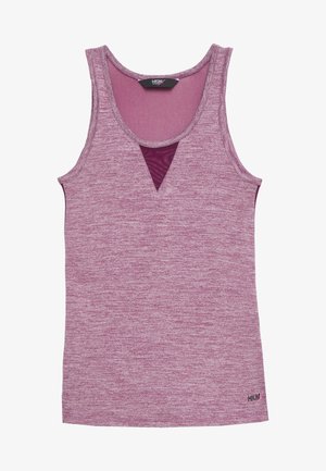 Camiseta deportiva sin mangas de color rosa jaspeado con un pequeño detalle de malla triangular en rosa oscuro debajo del escote redondo y un logo cerca del dobladillo inferior.