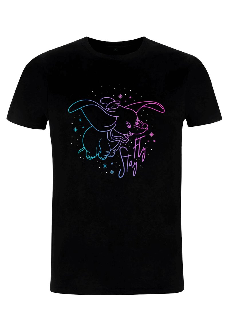 Sort bomulds T-shirt med et farverigt Dumbo-grafik og "Fly" tekst, omgivet af stjerner i lilla og blå nuancer. Kortærmet, rund hals.