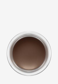Runder Glasbehälter mit einem silberfarbigen, gerippten Deckel, der einen glatten braunen Pigment enthält. Die Oberfläche weist ein mattes Finish auf.