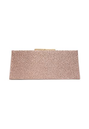 Rectangular pink clutch bag covered in small round rhinestones with a gold-tone clasp on top.