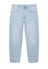 Lichtblauwe high-waist denim jeans met rechte pijpen, voorzien van steekzakken aan de voorkant, riemlussen en een knoop- en ritssluiting.