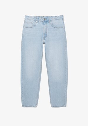 Svetlo modre kavbojke z visokim pasom in ravnimi hlačnicami, z žepi spredaj, zankami za pas in zapiranjem z gumbom ter zadrgo.