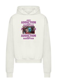 Weißer Kapuzenpullover mit einem zentralen Grafikdesign, das farbenfrohe Bilder und den Text "JANE'S ADDICTION IMMINENT REDEMPTION" in fetter lila Schrift zeigt.