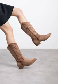 Botas western de ante marrón con un patrón decorativo cosido, cremallera lateral y tacón apilado. Con un diseño de punta redondeada.