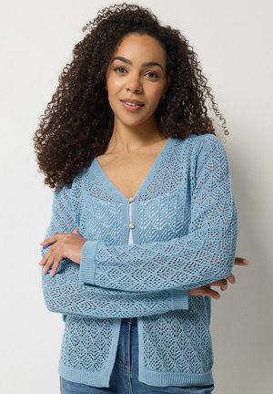 Kobieta o kręconych ciemnych włosach nosi jasnoniebieski sweter na guziki na białą bluzkę, stoi ze skrzyżowanymi ramionami na gładkim jasnym tle.