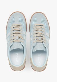 Jasnoniebieskie buty sportowe wykonane z zamszu i siateczki, z beżowymi akcentami, beżowymi sznurowadłami oraz podeszwą z gumowej gumy.