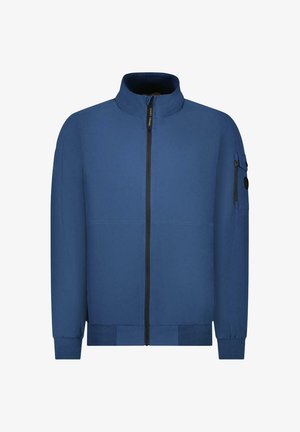 Blauwe jas met ritssluiting en hoge kraag, voorzien van een ritssluitingzak op de linkermouw en elastische manchetten. Gladde stof met een subtiele textuur.