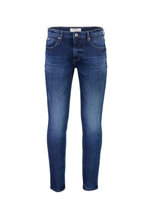 Tummansiniset farkut slim fit -mallilla, viidellä taskulla, hienovaraisella haalistuksella ja metallisen napin suljennalla. Saumoissa ommeltuja yksityiskohtia.