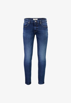 Tummansiniset farkut slim fit -mallilla, viidellä taskulla, hienovaraisella haalistuksella ja metallisen napin suljennalla. Saumoissa ommeltuja yksityiskohtia.