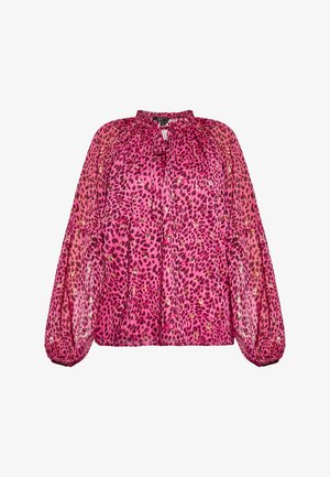 Rožinė permatoma bluzonė su leopardų raštu, pūstomis rankovėmis ir surinktu kaklu. Audinys atrodo lengvas ir šiek tiek permatomas.