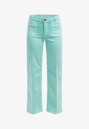 Mint green straight-leg pants with front pockets, belt loops, and a button closure on a white background.