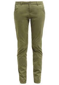 Olive green, slim-fit trousers made of cotton blend fabric. Features a front button closure and side pockets. Smooth texture with minimal design.