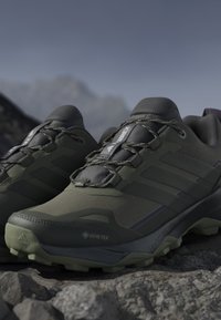 Zelene planinarske cipele s teksturiranom vanjštinom, GORE-TEX oznakom, istaknutim vezicama i čvrstim potplatom za prianjanje. Sadrže tamnosive akcente.