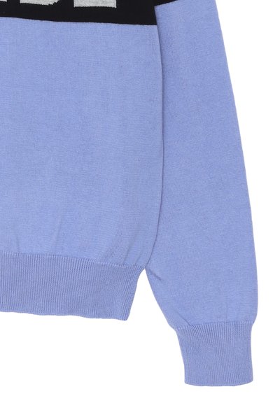 Maglione lavorato a maglia di colore azzurro chiaro con strisce orizzontali nere e bianche. Presenta polsini e orlo a coste, una texture morbida e una vestibilità rilassata.