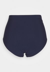 Hoch taillierte dunkelblaue Badehosen, einfarbig, glattes Material, elastischer Bund, abgerundetes Rückendesign, geeignet für Wasseraktivitäten.