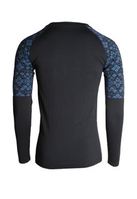 Svart långärmad tröja med blå mönstrade detaljer på ärmarna. Figursydd design, mjuk textur och rundad halsringning.